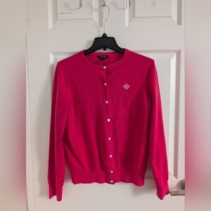 Lands' End Fuchsia Pink Cotton Blend Button Front Cardigan Sweater Size M 10-12